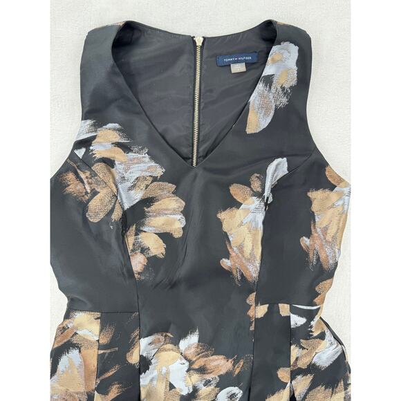 Tommy Hilfiger Black Gold Jacard Floral Dress Cocktail Party Silk LBD S 4 - Picture 8 of 11